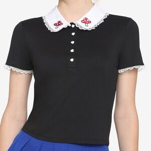 Hot Topic Mushroom Embroidered Collar Polo Crop T-Shirt Sz S
